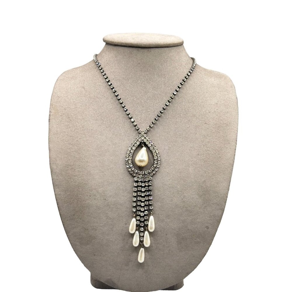 Vintage Rhinestones and Pearl Drops Necklace Classic Formal Costume Jewelry